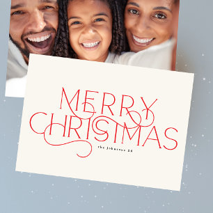 Red Merry Elegant Traditional One Photo Typography Julkort