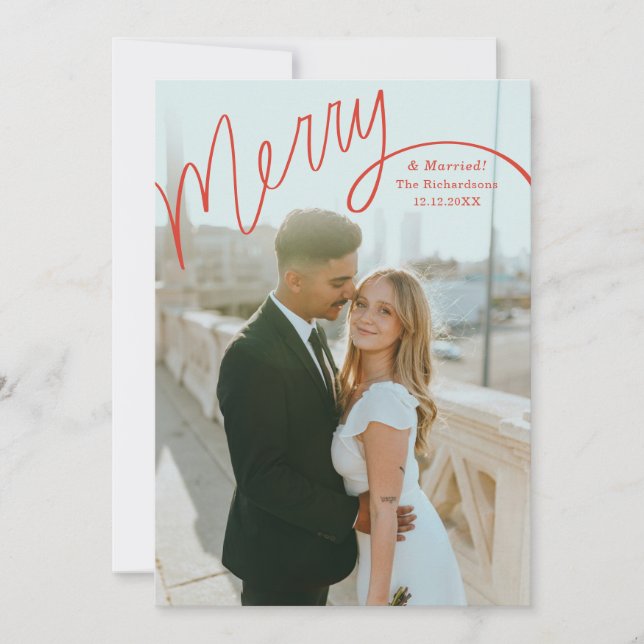Red Merry Hand Lettering Wedding Photo Julkort (Framsida)