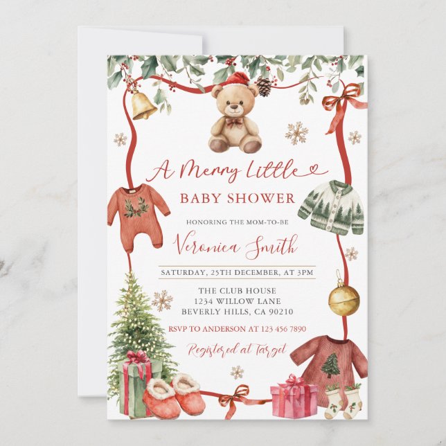 Red Merry Little Winter Christmas Baby Shower Invi Inbjudningar (Framsida)