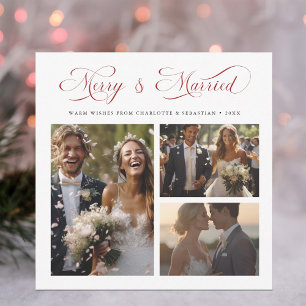 Red Merry & Married Elegant Script 3 Photo Julkort
