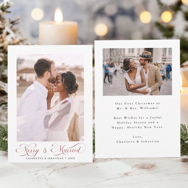 Red Merry & Married Modern Elegant Script 2-foto Julkort (Front & Back)