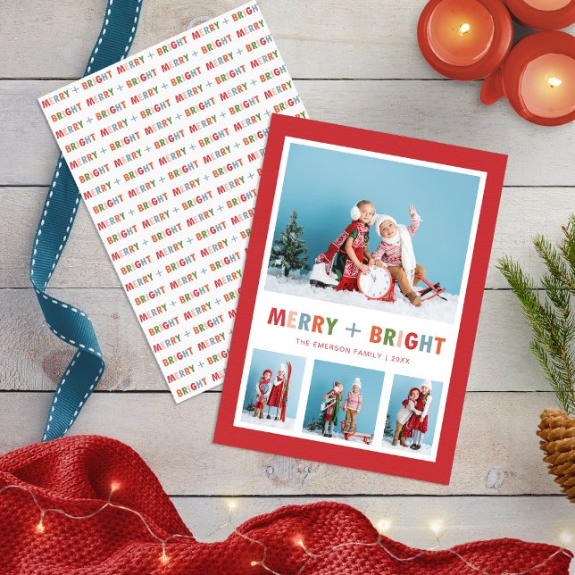 Red Merry och Bright Photo Collage jul Julkort (Red Merry and Bright Photo Collage Christmas Holiday Card
)