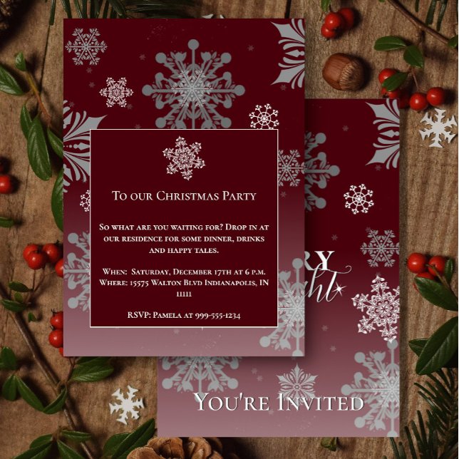 Red Merry och Bright Snöflingor jul Party Inbjudningar (Red Merry and Bright Snowflakes Christmas Party Invitation)
