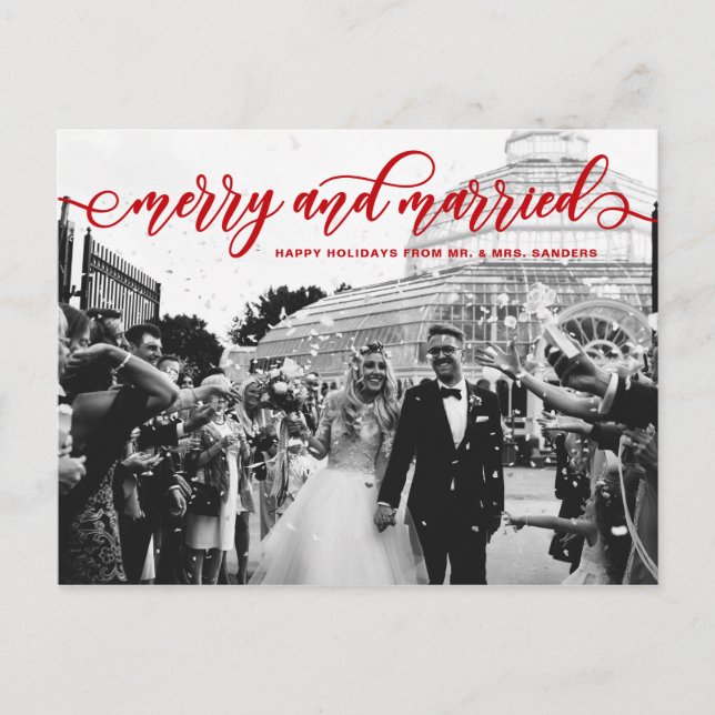 Red Merry och Married Calligraphy Bröllop Helgdag Helg Vykort (Framsida)