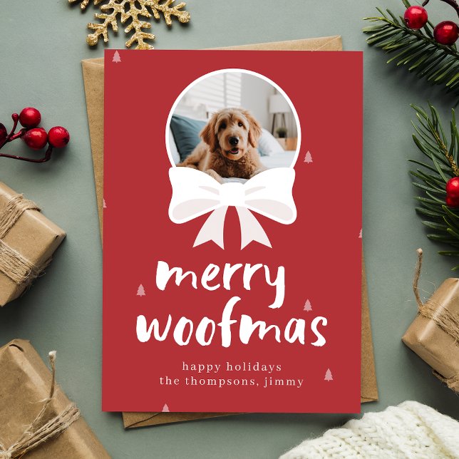 Red Merry Woofmas Cute Hund Pet-julfoto Julkort (Skapare uppladdad)