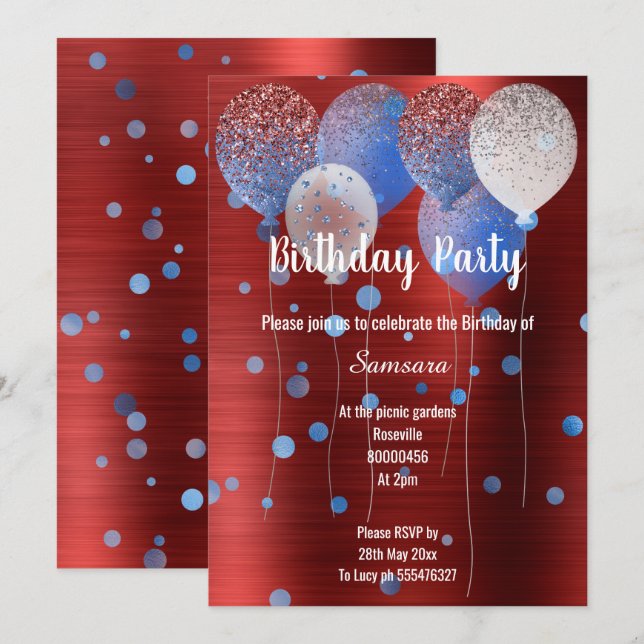 RED METALLIC & BLUE BIRTHDAY BALLOON SPOT INBJUDNINGAR (Fram/baksida)