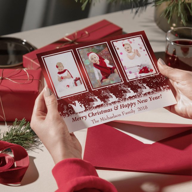 Red Metallic Santa Snö-julkort Julkort (Red Metallic Santa Snow Photo Christmas Card)