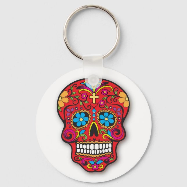 Red Mexican Sugar Skull Day of the dead Nyckelring (Framsida)
