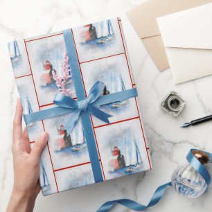 Red Michigan Lighthouse med segelbåt Presentpapper