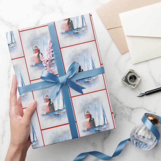 Red Michigan Lighthouse med segelbåt Presentpapper (Gifting)