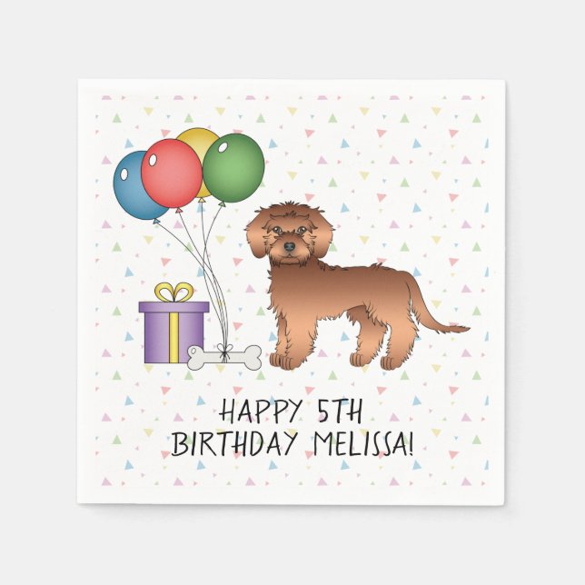 Red Mini Goldendoodle Cute Tecknad hund Birthday Pappersservett (Framsidan)