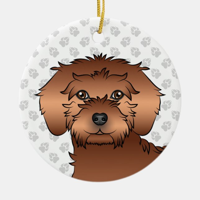 Red Mini Goldendoodle Cute Tecknad hund Head Julgransprydnad Keramik (Framsidan)