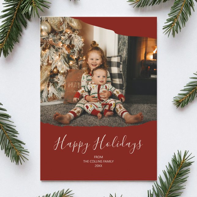 Red Minimalist 2 Photo Glad helg jul Julkort (Red Minimalist 2 Photo Happy Holidays Christmas Holiday Card)