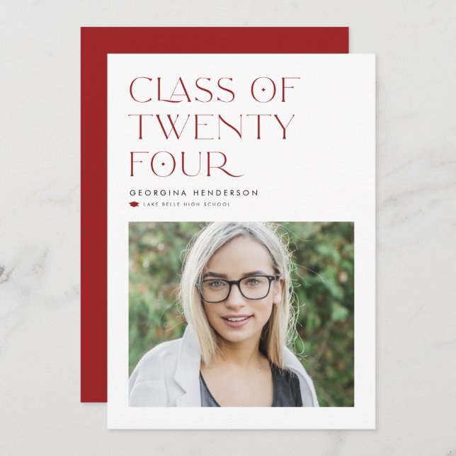 Red Minimalist Class of 2024 Photo Studenten Meddelande (Fram/baksida)