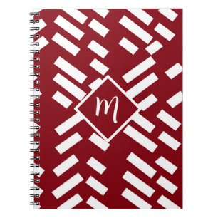 Red Minimalist Diagonal Stripe Mönster, Monogram Anteckningsbok
