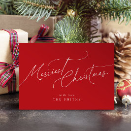 Red Minimalist Elegant Script Merriest Christmas Julkort
