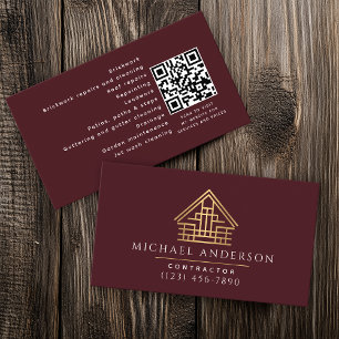 Red Minimalist Home Byggnad Construction QR-kod Visitkort