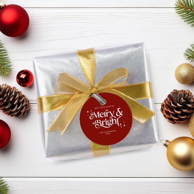 Red Minimalist Merry & Bright God jul Gåvor Etiketter (Mockup View)