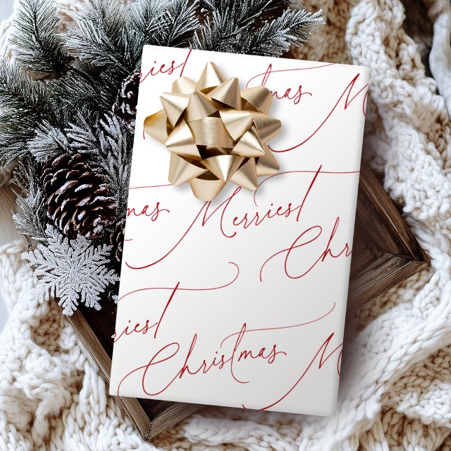 Red Minimalist Modern Script Merriest Christmas Presentpapper (Red Minimalist Modern Script Merriest Christmas Wrapping Paper)