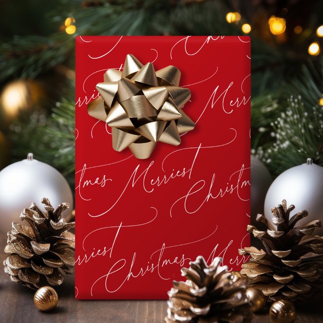Red Minimalist Modern Script Merriest Christmas Presentpapper (Red Minimalist Modern Script Merriest Christmas Wrapping Paper)
