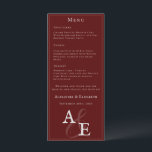Red Minimalist Monogram Bröllop Meny<br><div class="desc">Anpassa en modern meny för mottagningen med den här Red Minimalist Monogram Bröllop-menyn. Menydesignen innehåller ett skript för elegant för det klassiska tecknet och det moderna teckensnittet för dina monogram. Anpassa med menyalternativen,  bricka och trimma datum för namn och bröllop. Ytterligare bröllop-kontorsmaterial som är tillgängligt med den här utformningen.</div>