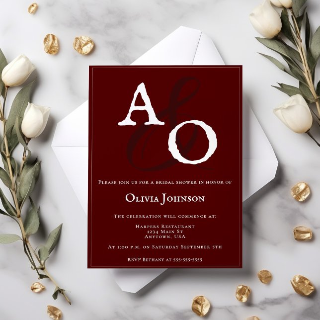 Red Minimalist Monogram-Möhippa Inbjudningar (Red Minimalist Monogram Bridal Shower Invitation)