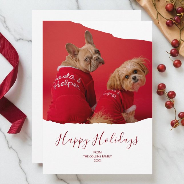 Red Minimalist Pet Photo Glad helg jul Julkort (Red Minimalist Pet Photo Happy Holidays Christmas Holiday Card)