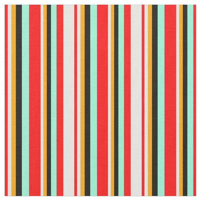 Red, Mint Cream, Orange, Black & Aquamarine Linjer Tyg (Närbild)