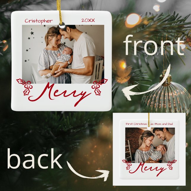 Red Mistletoe Doodles 2 Photos Merry Julgransprydnad Keramik (Skapare uppladdad)