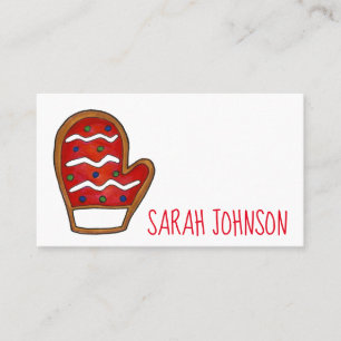 Red Mitten Frosted Sockgar Cookie Julvinter Visitkort