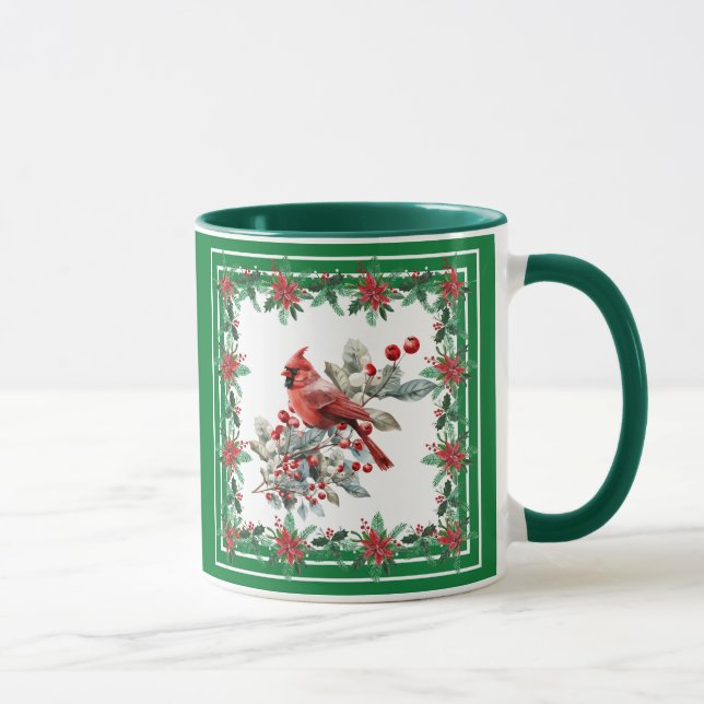 Red Mockingbird Poinsettia Gräns Grönt Mugg (Höger)