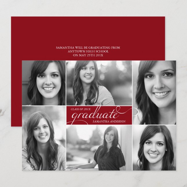 Red Modern 6-fotoskript Studenten Inbjudan (Fram/baksida)