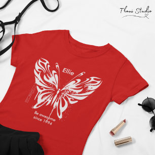 Red Modern Butterfly Birthday Anpassade Text T Shirt