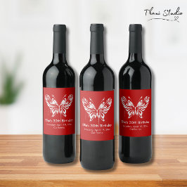 Red Modern Butterfly Birthday Anpassade Text Vinflaska Etikett