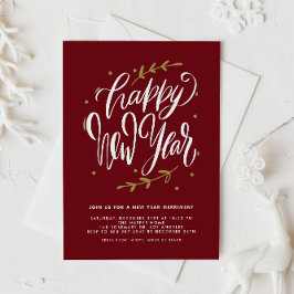 Red Modern Calligraphy and Wreath New Year Party Inbjudningar