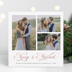Red Modern Elegant Merry & Married Script 3 Photo Julkort
