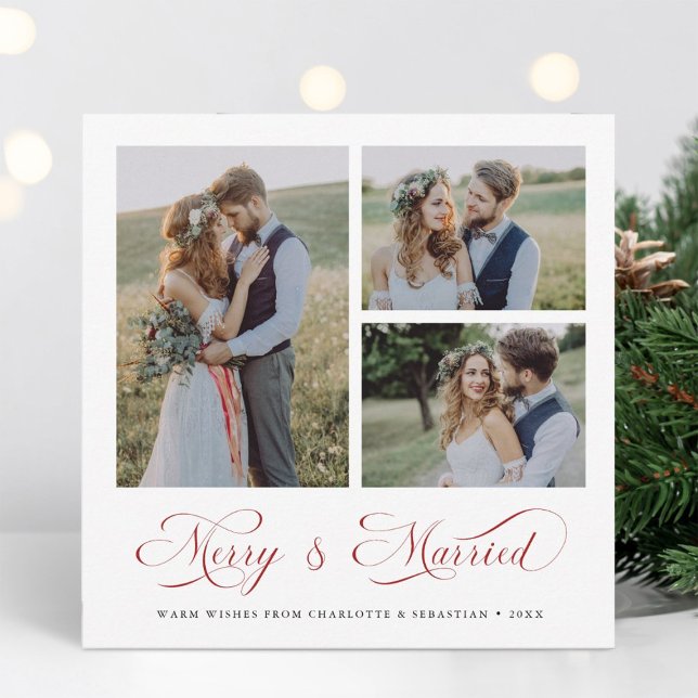 Red Modern Elegant Merry & Married Script 3 Photo Julkort (Skapare uppladdad)