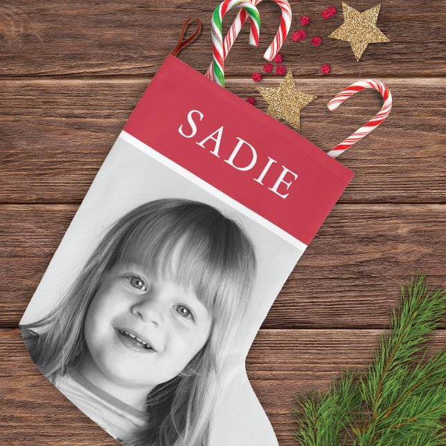 Red Modern Festive Photo + Namn Helgdag Stor Julstrumpa (Skapare uppladdad)