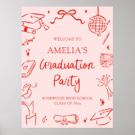 Red Modern Hand Drawn Graduation Party Welcome Poster