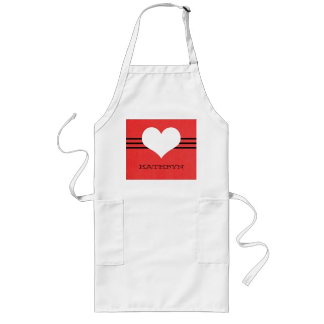 Red Modern Heart Apron Långt Förkläde (Framsidan)