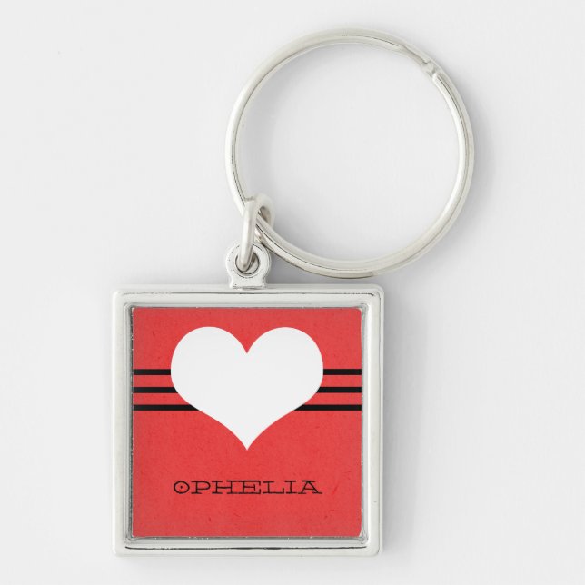Red Modern Heart Premium Keychain Fyrkantig Silverfärgad Nyckelring (Framsidan)