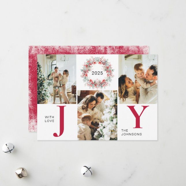 Red Modern Holly Berries 3 Photo Joy jul Julkort (Fram/Back In Situ)