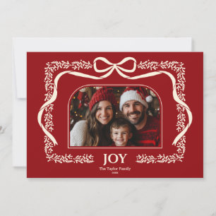 Red Modern Joy Jul Bow Ribbon Photo Ram Inbjudningar