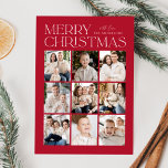Red Modern jul 9 Photo Collage Julkort<br><div class="desc">Modern julfotokort med "God jul" som visas överst i trendiget med vit text med röd bakgrund. En fotokollage med 9 foton visas nedan i en rutnätslayout för stil. Anpassa multifotojulkortet med din familj namn. Kortet återgår till visningen med en röd bakgrund med subtila vita punkter (snö).</div>