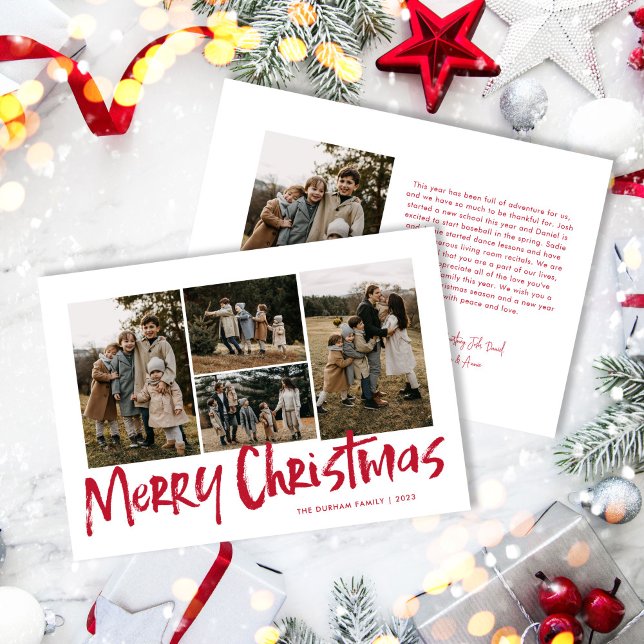 Red Modern Lettering Femfoto God jul Julkort (Skapare uppladdad)