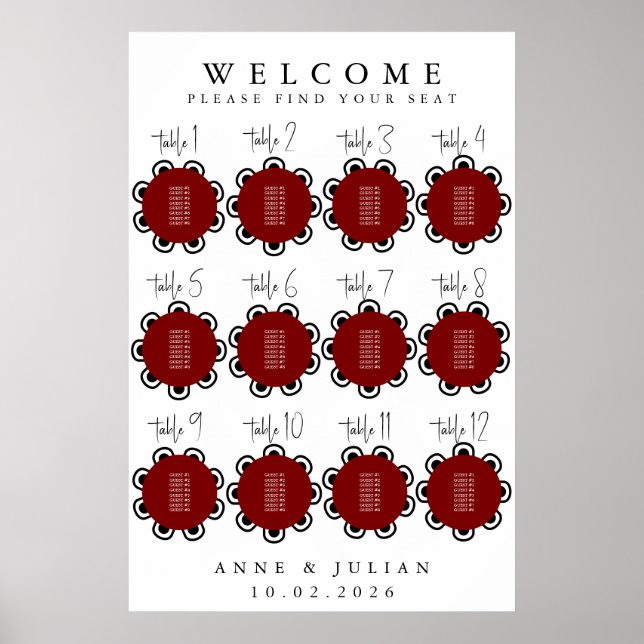 Red Modern Minimal Wedding Seating Chart Poster (Framsidan)