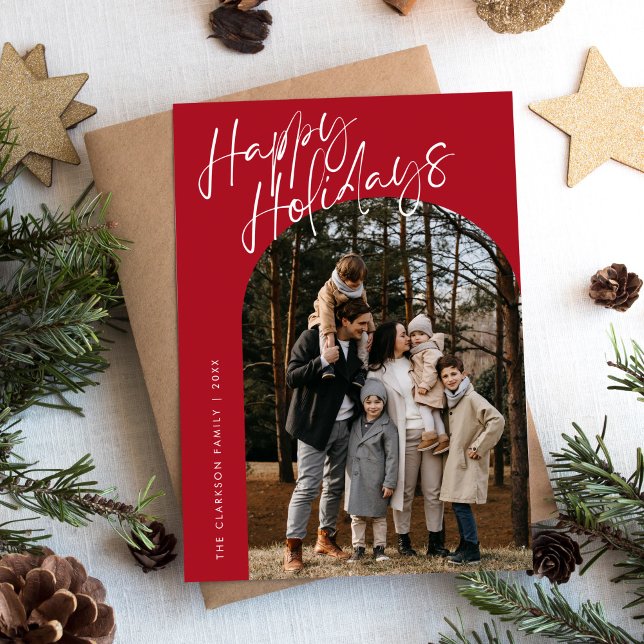 Red Modern Script Glad helg Arch 2 Photo Julkort (Skapare uppladdad)