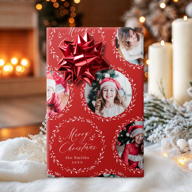 Red Modern Script Merry Christmas Family 6 photo Presentpapper (Red Modern Script Merry Christmas Family 6 photo Wrapping Paper)