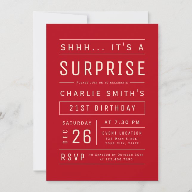 Red Modern Simple Typography Surprise Birthday Inv Inbjudningar (Framsida)