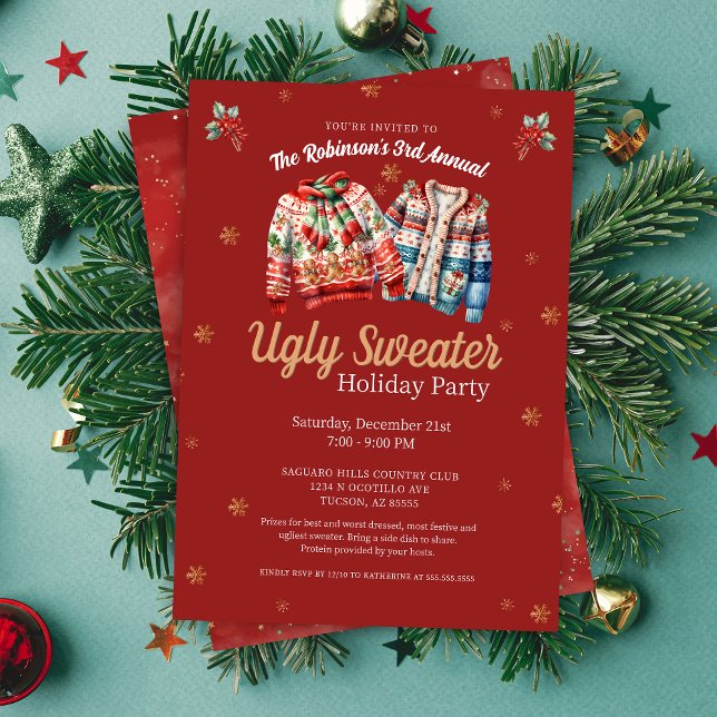 Red Modern Tacky Ugly Sweater jul Party Inbjudningar (red ugly sweater christmas party invitation)